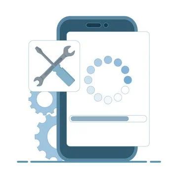 Concept of repair and upgrade process, loading software on smartphone screen. Illustrazione stock
