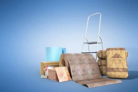 Concept of repair work Construction materials isolated on white 3D rendering  Stock Illustration
