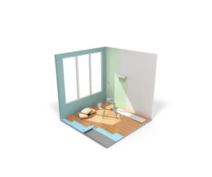 Concept of repair work isometric low poly home room renovation icon 3d render Stock Illustration