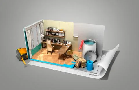 Concept of repair work isometric low poly home room renovation icon 3d render Stock Illustration