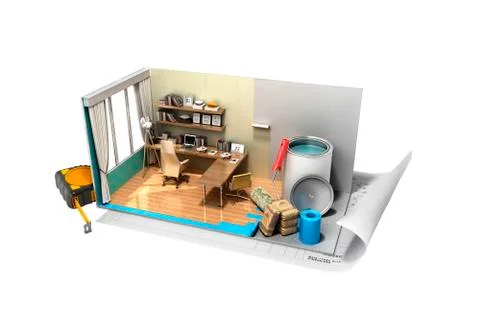 Concept of repair work isometric low poly home room renovation icon 3d render Stock Illustration