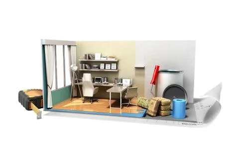 Concept of repair work isometric low poly home room renovation icon 3d render Stock Illustration