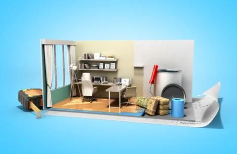 Concept of repair work isometric low poly home room renovation icon 3d render Stock Illustration