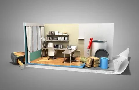 Concept of repair work isometric low poly home room renovation icon 3d render Stock Illustration