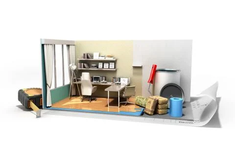 Concept of repair work isometric low poly home room renovation icon 3d render Stock Illustration