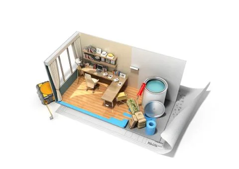 Concept of repair work isometric low poly home room renovation icon 3d render Stock Illustration