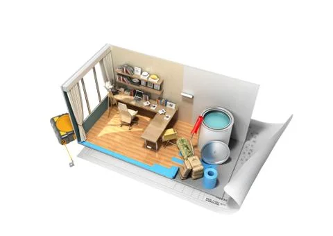 Concept of repair work isometric low poly home room renovation icon 3d render Stock Illustration