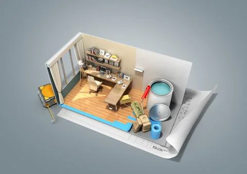 Concept of repair work isometric low poly home room renovation icon 3d render Stock Illustration