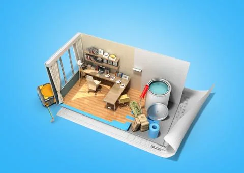 Concept of repair work isometric low poly home room renovation icon 3d render Stock Illustration