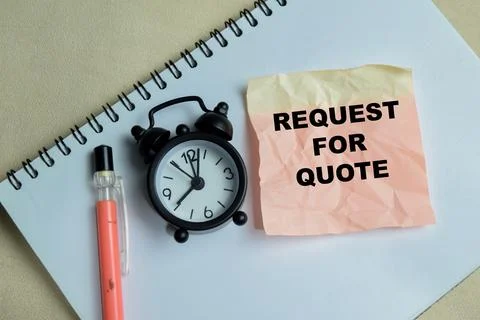 Concept of request for quote write on sticky notes isolated on Wooden Table. Stock Photos