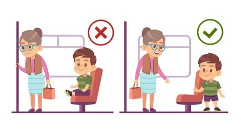 Concept of respect for elders, boy gives way to older woman. Child giving up his Stock Illustration