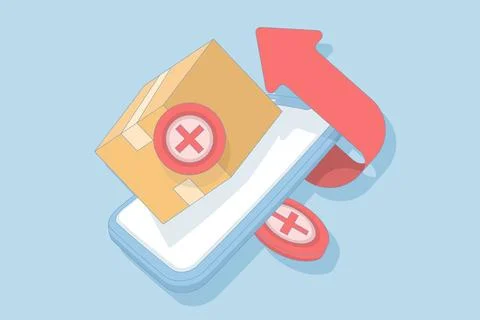 Concept of return, cartoon delivery error, red X cross symbol. 스톡 일러스트