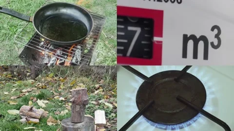 The concept of the return of cooking with wood, a collage of working gas met Vídeos de archivo 224372273