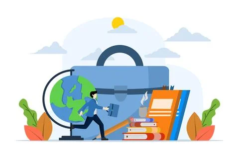 Concept of returning to work, bags and books, office, business people. Stock Illustration