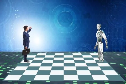 Concept of rivalry between robots and humans 스톡 사진