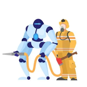 Concept of robotic fireman help human being. Stock Illustration