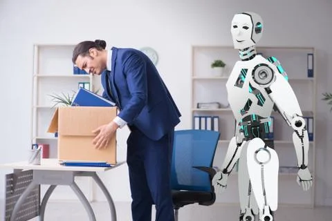 Concept of robots replacing humans in offices Stock Photos