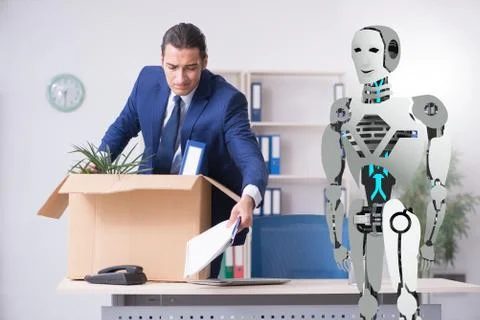 Concept of robots replacing humans in offices Stock Photos