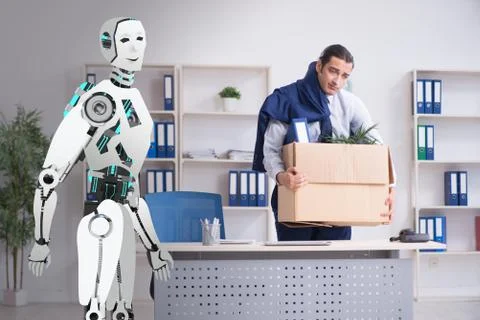 Concept of robots replacing humans in offices Stock Photos