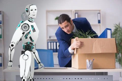 Concept of robots replacing humans in offices Stock Photos