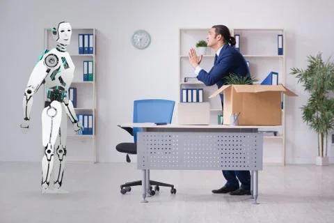 Concept of robots replacing humans in offices Stock Photos