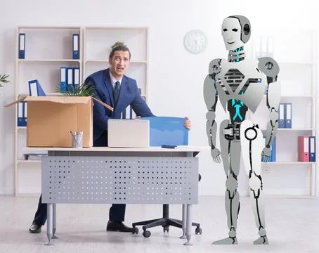 Concept of robots replacing humans in offices Stock Photos