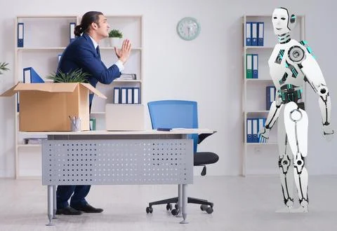 Concept of robots replacing humans in offices Stock Photos