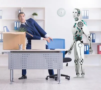 Concept of robots replacing humans in offices Stock Photos