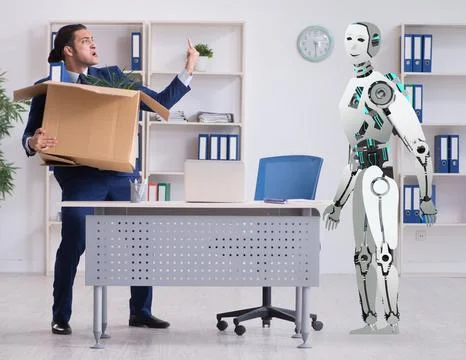Concept of robots replacing humans in offices Stock Photos