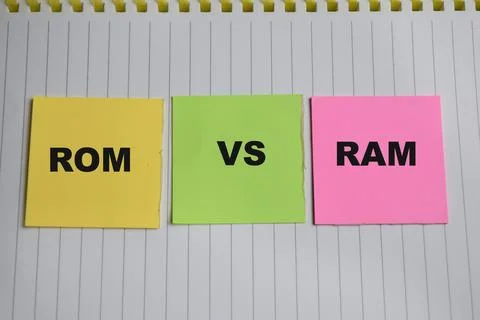 Concept of ROM vs RAM write on sticky notes isolated on Wooden Table. Foto stock