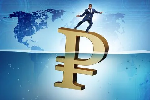 Concept of rouble devaluation and economic crisis Stock Photos