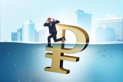 Concept of rouble devaluation and economic crisis Stock Photos
