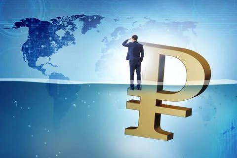 Concept of rouble devaluation and economic crisis Stock Photos