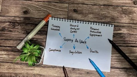 Concept of Safety at Work write on book with keywords isolated on Wooden Table Foto stock