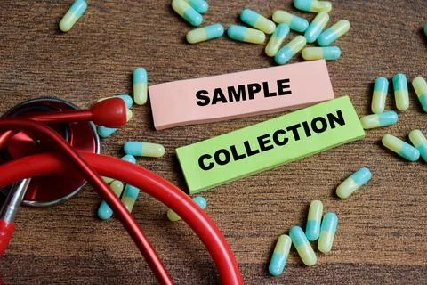 Concept of sample collection write on sticky notes isolated on Wooden Table. Stock Photos