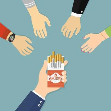 Concept of sanctions. Hands are reaching for cigarette pack with sanctions. F Stock Illustration