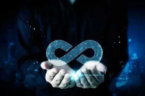 Concept save energy efficiency. Hand holding icon infinity sign Foto stock