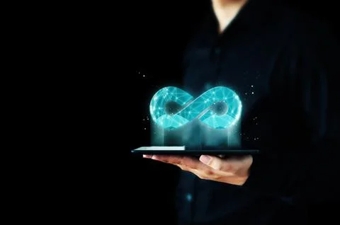 Concept save energy efficiency. Hand holding icon infinity sign 스톡 사진