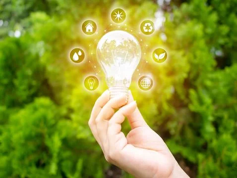 Concept save energy efficiency. Hand holding light bulb with icon on blurre.. Stock Photos