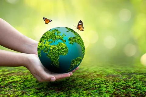 Concept Save the world save environment The world is in the grass of the gree Stock Photos