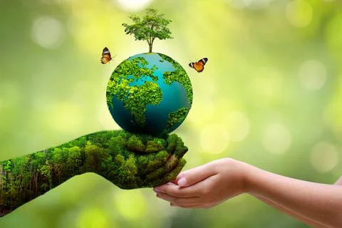 Concept Save the world save environment The world is in the grass of the gree Stock Photos
