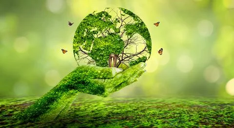 Concept Save the world save environment The world is in the grass of the gree Stock Photos