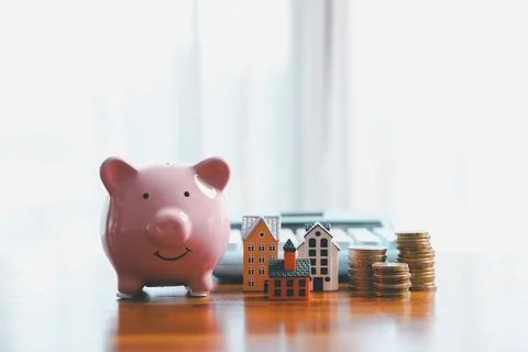 Concept of saving money involves finance, calculating tax, loan and bank se.. Stock Photos