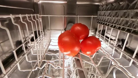 The concept of saving water and electricity consumption. Three red tomatoes in Stock Footage 152947042