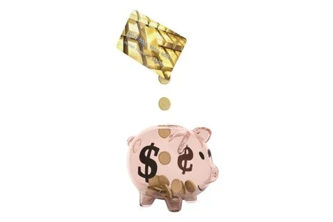 Concept of savings dollar coins fall from credit card in money pig 3d render 库存插图