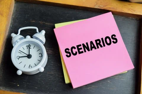 Concept of scenarios write on sticky notes isolated on Wooden Table. Stock Photos