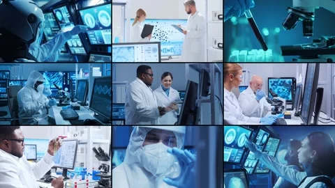 The concept of science, research and laboratory work. Diverse people work in Stock Footage 282515732