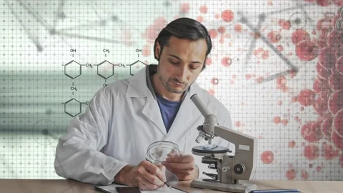 Concept A scientist works with a microscope. Graphic images of the crystal latti Stock Footage 233030471