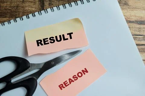 Concept of scissors result and reason write on sticky notes Stock Photos