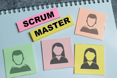 Concept of scrum master role write on sticky notes isolated on Wooden Table. Stock Photos